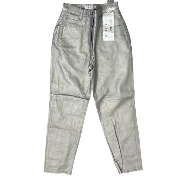 Vintage 80s Silver Genuine Leather High Waist Tapered Pants Lined Size 8 NEW Tag - Picture 1 of 9